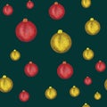 Watercolor red and golden Christmas balls on dark blue background. Seamless pattern. Hand drawing. Print, packaging, wallpaper, te Royalty Free Stock Photo