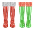 Watercolor red and green christmas wellies with knittet decor. Xmas red rain boots, holiday welly boots. Watercolor red shoes