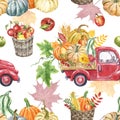 Watercolor red harvest truck with autumn seasonal vegetables seamless pattern. Pumpkin truck print