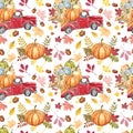 Watercolor red harvest truck with pumpkins on white background. Autumn seasonal vegetables and fruits seamless pattern. Royalty Free Stock Photo