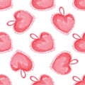 Watercolor red heart pillow seamless pattern on white background