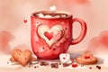 Watercolor red hot chocolate mug with cream, with heart cookies