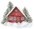 Watercolor red house in winter forest. Hand painted Christmas illustration with fir trees and snow isolated on white