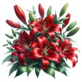 watercolor of Red Lily flower bouquet and greenery leaves clipar