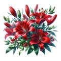 watercolor of Red Lily flower bouquet and greenery leaves clipar