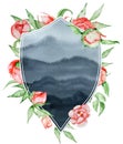 Watercolor crest Romantic frame with flowers Card template. Watercolor peonies with leaves on the grey background