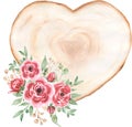 Watercolor red peony flowers and greenery bouquet with heart wood slice wreath illustration, delicate garden roses and leaves Royalty Free Stock Photo