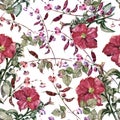 Red petunia with haricot flowers of watercolor. Floral seamless pattern on a white background.