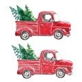 Watercolor red pickup truck and forest pine trees, isolated on white background.Winter Christmas vintage car illustration. Royalty Free Stock Photo