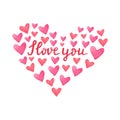 Watercolor red and pink hearts. Heart shape frame with hand drawn phrase I love you. Collection of hand painted color hearts Royalty Free Stock Photo