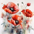 Watercolor red poppies painting floral art generated by AI