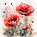 Watercolor red poppies painting floral art generated by AI