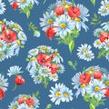 Watercolor red poppies, white chamomile flowers on the gray blue background.Floral Seamless pattern. Summer floral