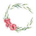 Watercolor red poppies wreath, Meadow frame, hand drawn floral illustration, red wildflowers