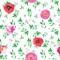 Watercolor red poppy flowers and leafs seamless pattern