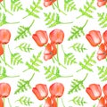 Watercolor red Poppy seamless pattern. Hand drawn botanical Papaver flower with leaves illustration isolated on white background. Royalty Free Stock Photo