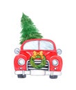 Watercolor red retro car with christmas tree front view isolated on white background