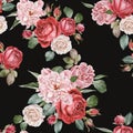 Watercolor red roses and peonies. Seamless pattern
