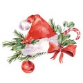 Watercolor red Santa hat with spruse brunch, Vintage Christmas illustration Royalty Free Stock Photo