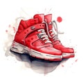 Watercolor red sneakers pair of shoes. AI generated