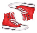 Watercolor red sneakers pair shoes isolated art set