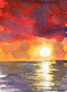 Watercolor red sunset dawn sun rays gentle color juicy texture illustration landscape reflection shining clouds sky