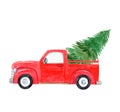 Watercolor red truck with christmas tree delivery isolated on white background Royalty Free Stock Photo