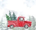 Watercolor winter illustration with hand painted Christmas red pickup truck and holiday fir trees. Holiday artistic background Royalty Free Stock Photo