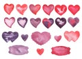 Watercolor Red and Violet Love Valentine`s day Hearts