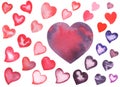 Watercolor Red and Violet Love Valentine`s day Hearts