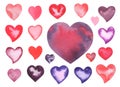 Watercolor Red and Violet Love Valentine`s day Hearts