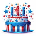 Watercolor A red, white and blue cake with candles, Happy 4th of July isolated on white Background. Royalty Free Stock Photo