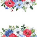 Watercolor red, white and blue floral frame, on white background. Botanical border. 4th of July invitation Royalty Free Stock Photo