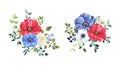 Watercolor floral bouquet with hand-painted red, white and blue flowers and green leaves. Botanical illustration Royalty Free Stock Photo