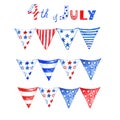 Watercolor red, white, and blue patriotic flag bunting,for the 4th of July, memorial and Independence day. Patriotic flags garland Royalty Free Stock Photo