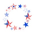 Watercolor red, white and blue stars frame. Colors of US flag. Holiday 4th of July banner, isolated Royalty Free Stock Photo