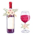 watercolor red wine glass and bottle with flowers set isolated on white background Royalty Free Stock Photo