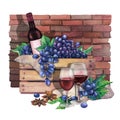 Watercolor red wine glasses, bottle in the box of blue grapes Royalty Free Stock Photo