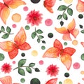 Watercolor Red and Yellow Butterflies, Flowers and Green Dots Repeat Pattern