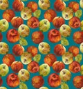 Watercolor red, yellow and green apples seamless pattern on blue background Royalty Free Stock Photo
