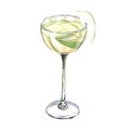 Watercolor refreshing alcoholic drink apple martini cocktail with a slice of apple. Hand-drawn illustration isolated on Royalty Free Stock Photo