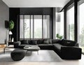 Watercolor of render of contemporary black and grey living room