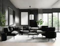 Watercolor of render of contemporary black and grey living room