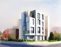 Watercolor of render of a modern building