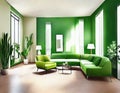 Watercolor of rendered modern living room with a tall green