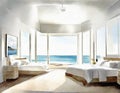 Watercolor of rendered white coastal bedroom with cozy