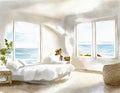 Watercolor of rendered white coastal bedroom with cozy