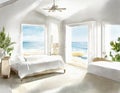 Watercolor of rendered white coastal bedroom with cozy