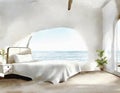 Watercolor of rendered white coastal bedroom with cozy