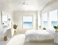 Watercolor of rendered white coastal bedroom with cozy